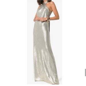 NWT Galvan Silver Platinum Lurex Metallic Pandora Halter Gown $1800 Retail